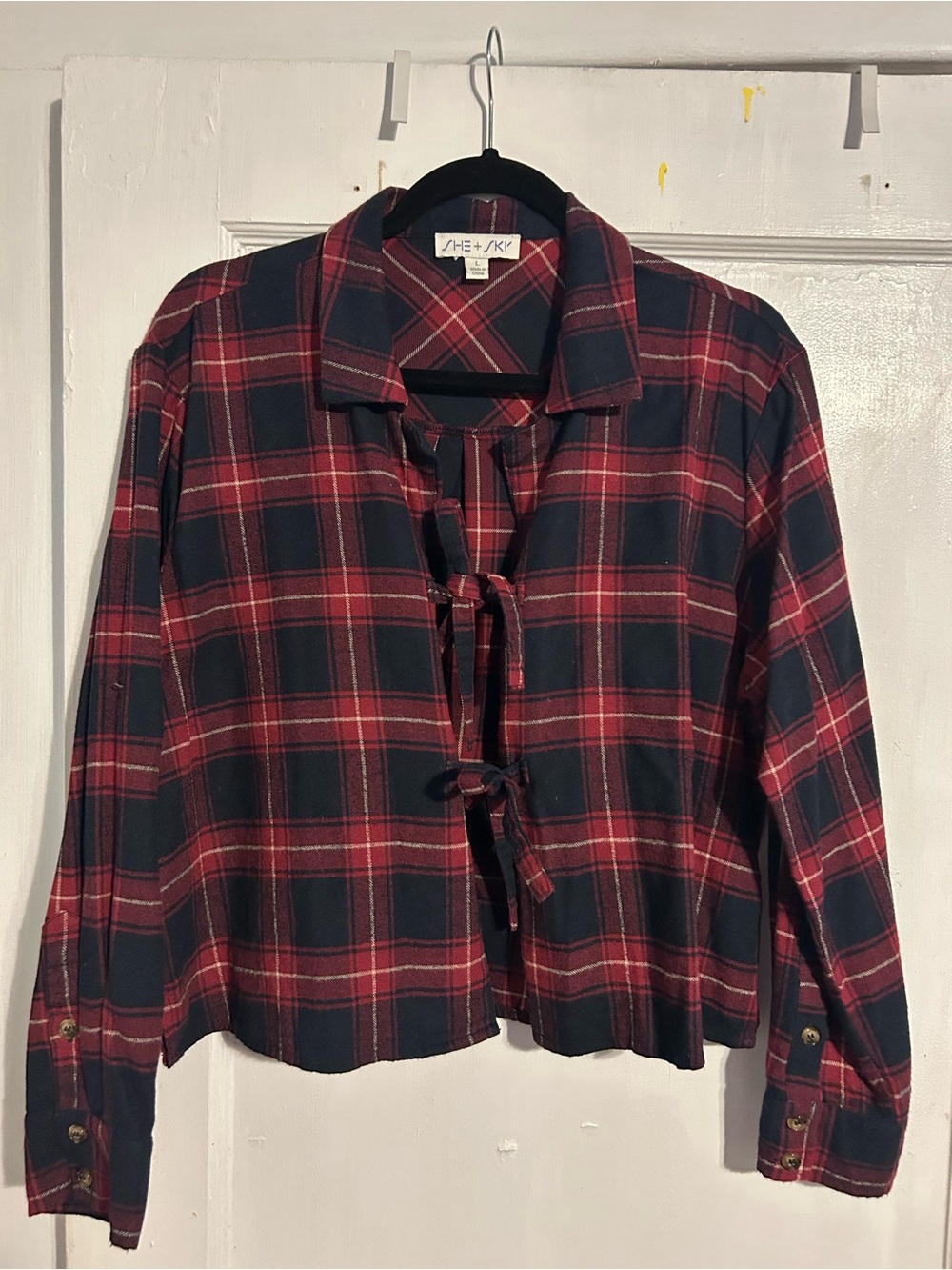 She + Sky Red and Navy Plaid Tie-Front Button Shirt